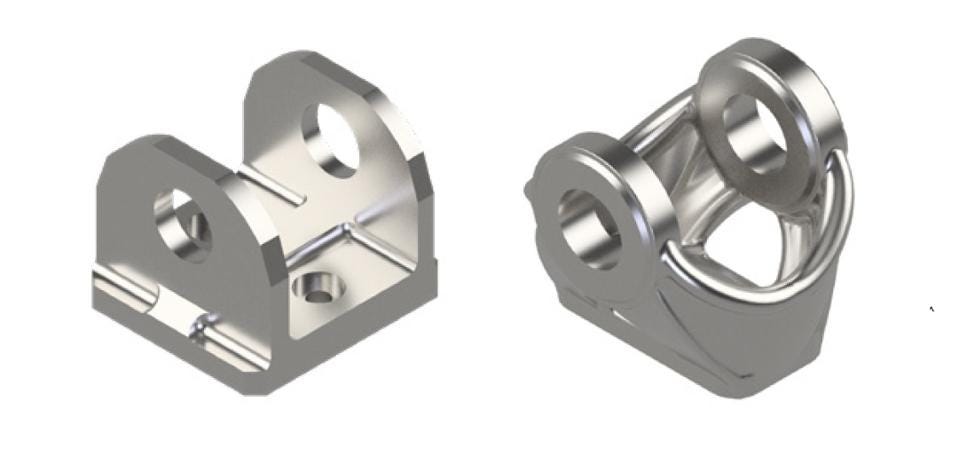 A comparison of aerospace brackets designed for milling (left) and additive manufacturing (right) shows in-use CO2 savings for the additively manufactured version. AMPOWER